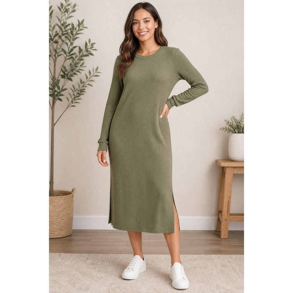 Old Navy Womens Medium Olive Green Ribbed Knit Long Sleeve Midi Dress Side Slit